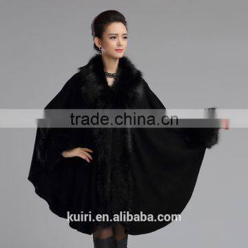 2016 Women's Wrap Beige Black Pashmina Wool Knitted Fake Cashmere Shawl With Fur Trim Collar Faux Fox Fur High Quality Capes photo-2