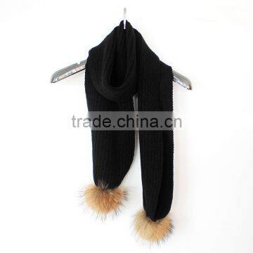 Myfur Best Selling Winter Fashion Real Raccon Fur Pompom Wool Knitted Woman Crochet Scarf