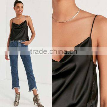 Loose Fit Soft Silk Cowl Neck Spaghetti Straps Open Square Back Halter Top Cami photo-6
