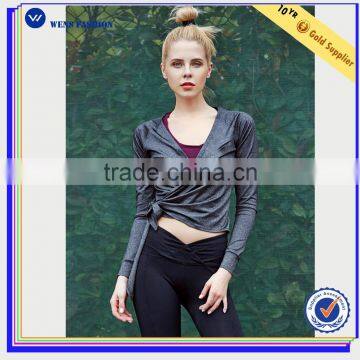 2016 Fashion Wholesale Gray Bandage Surplice Neck Chinlon Cropped Jacket for Womens photo-2