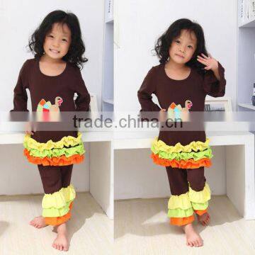 2014 hot sales Cotton Girl Outfit Hallowmas Turkey Outfit Top and pants with ruffles in sets