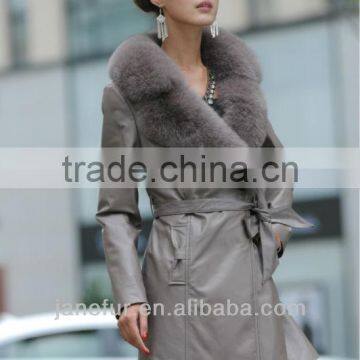 Fashion women long natural leather jackets with full animal fur collar in front