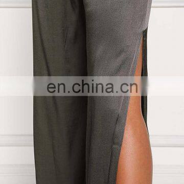 China Product Hot Sale Dark Olive Silky Side Slit Slacks Women Long Maxi Pants photo-2