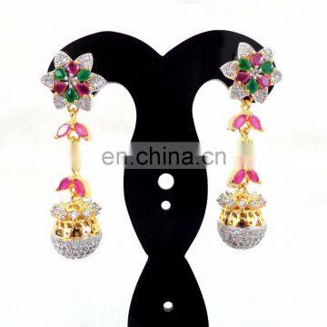 Party wear american diamond earring-wholesale Ruby pink-Green Dangle Earring-Floral Shape Fancy Earring-Party wear Earring