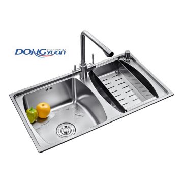 Guangdong Dongyuan Kitchenware 800×450×210mm POSCO SUS304 Stainless Steel Double Bowl Overmount Drawn Kitchen Sink with Faucets and Colander (DY-541)