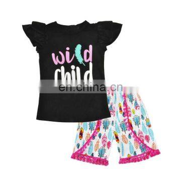 Fashion Design Girls Sets Ruffle T Shirt and Leaf Pants 2pcs Summer Girl Boutique Outfits