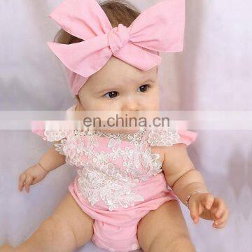 Newly Baby Girl Pink Lace Flower Romper Jumpsuit 2 Pieces Set Bow Hair Band Rompers Baby Suit photo-5