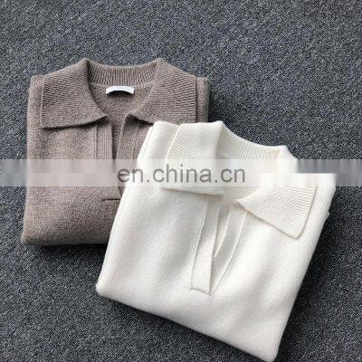 Women Casual Polo Neck Plain Knit Thick Cashmere Sweater photo-4