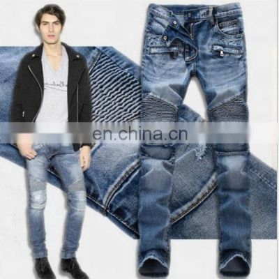 2020 Wholesale stock fashion Jeans High-grade denim wrinkled men biker skinny trousers Patchwork leather slim fit men jeans