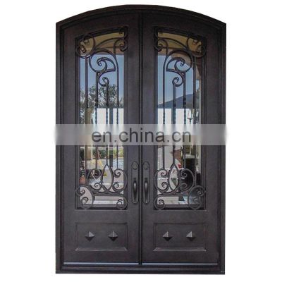 luxury exterior strong metal frame tempered glass double glass wrought iron door