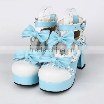 7.5cm Heel blue Ankle Straps Bow PU sole Lolita Shoes