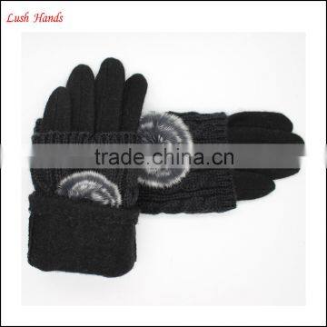 ladies high-quality woolen gloves with rabbit fur ball