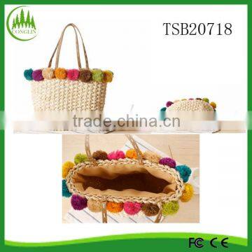 2015 New Product Women Tote Woven Beach Bag Colorful Balls Straw Bag