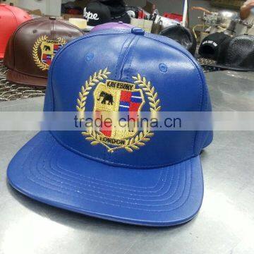 navy blue cap with embroidery 6panel flat bill leather strap cap
