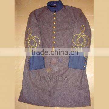 Grey single breast frock coat with sky blue collar and cuffs