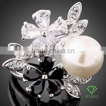 AAA zircon flower crystal white gold plating pearl rings