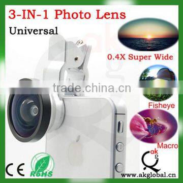 3 in 1 Universal Clip Mobile Phone Lens for iphone Samsung I9300 n7100 HTC Fish Eye + Macro + Wide Angle