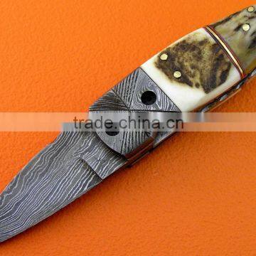 A STAG HORN HANDLE, HANDMADE DAMASCUS STEEL LINER LOCK HUNTING FOLDING KNIFE