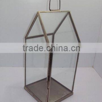Iron & Glass Lantern Hut Shape Nickel Antique