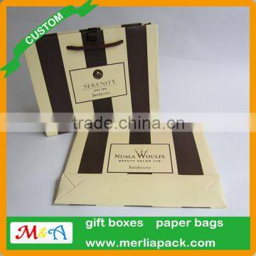 Beauty Salon White Kraft Paper Bag Day Spa Cream and Brown Stripe Bags