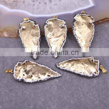 Natural Gem Stone Druzy Pendant, Full Gold Plated Arrow Shape with Pave Crystal Rhinestone Agate Gem stone Pendant