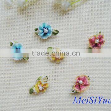 DIY craft small ribbon flower with leaf and pearl