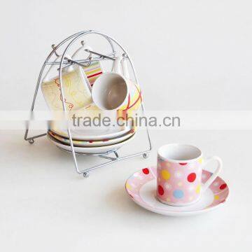 porcelain coffee mug and saucer with iron shelf