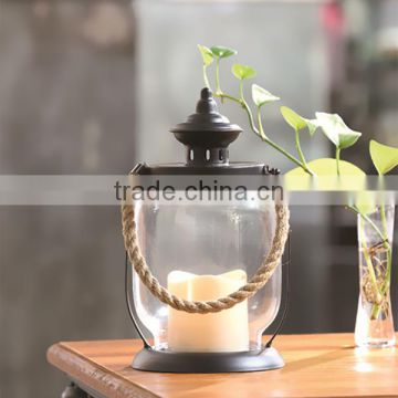 Metal Garden Lantern Glass Candle Lantern With Hemp Rope Handle