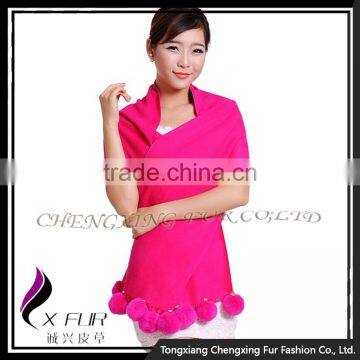 CX-B-P-42A Rabbit Fur Pom Pom Decoration Women Pashmina Scarf photo-3