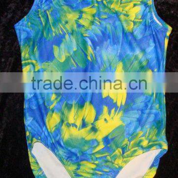 Clearance gymnastics leotards for girls blue and green feathers with clear holographic dots limited sizes