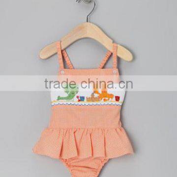 Wholesale orange gingham smocked swimwear for baby girls