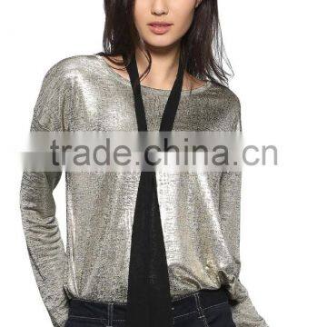 Ladies Customized Special Fabric Long Sleeve Short Front Long Back Flashing Soft T-shirt