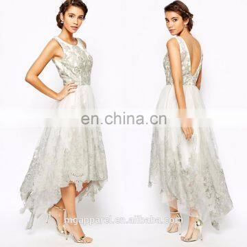 China wholesale women prom dress 100% Polyamide O-neck open back embroidered high low puffy cheap prom dresses 2015