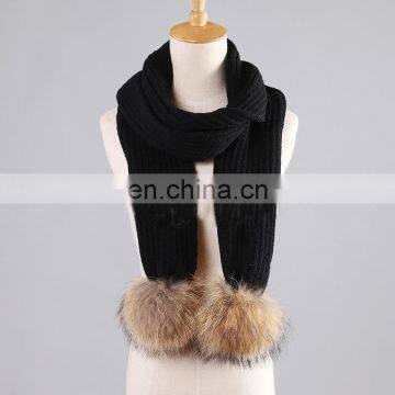 2016 popular style lady fashion raccoon fur ball knitted scarf wholesale