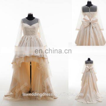 RP0168 2016Wholesale champagne front short back long girl dress bow pearl baby girls cloths real long sleeve flower girl dresses