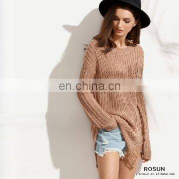 Camel Drop Shoulder Ripped High Low Long Sweater