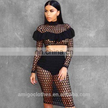 Amigo 2017 new design black fishnet bandage dress suits for women club wear long sleeve mesh top and high long skirt