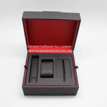 Black PU leather watch box with custom insert for holding watch, watch strap, warranty card