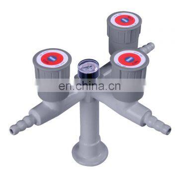 Laboratory 3 way gas valve,table/deck mounted triple outlet gas faucet with pressure gauge