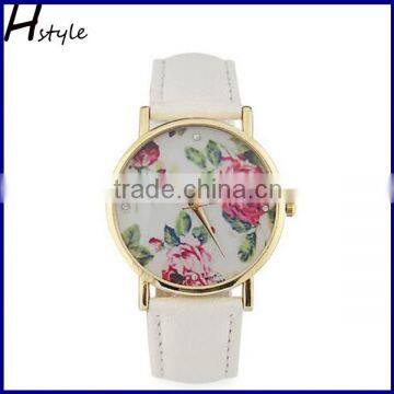 2016 High Quality Fashion Women Floral Quartz Watch Leather Wristwatch WP013