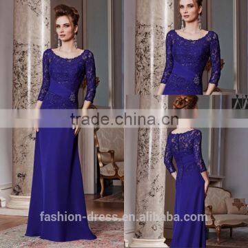 Latest Charming Lace Top Three Quarter Sleeve Royal Blue Evening Dress