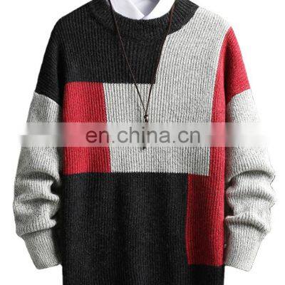 Wholesale custom brand LOHO large size men's plaid color block round neck wool thick knitted pullover sweater