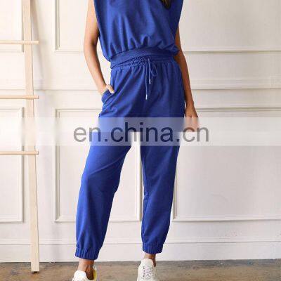 Fashion Cotton Sleeveless Crop Top Matching Jogger Pants Sportswear Yoga Set Loose Casual Gym Fitness Women Running Clothing photo-3
