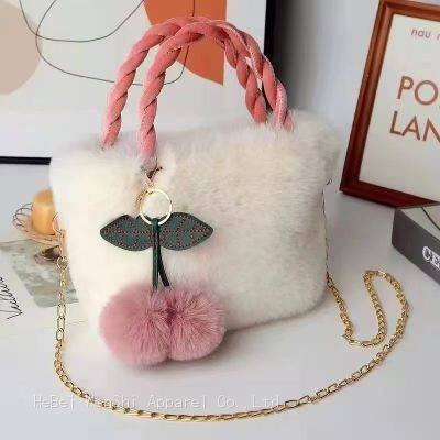 09Autumn and winter plush women's handbag fashion single shoulder oblique cross bag mobile phone bag cute bag large capacity cherry pendant bag