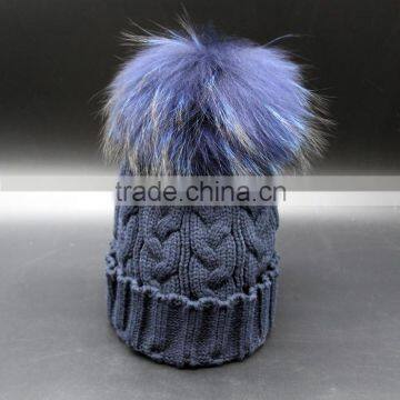 Wholesale New Colorful Detachable Raccon Fur Pompom Fashion Girls Winter Caps