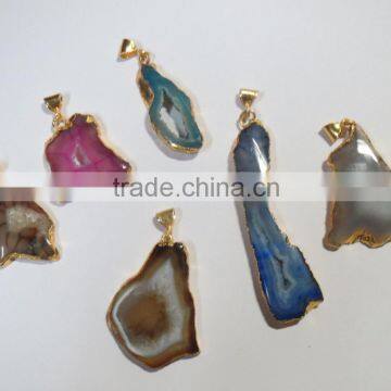 Natural ELECTROPLATED GOLD Agate Slice Pendant