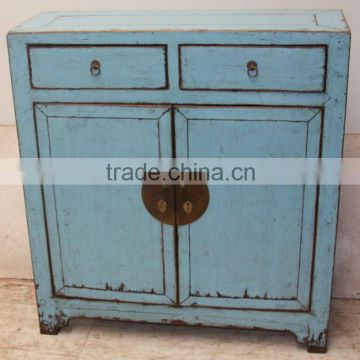 Antique Chinese Blue Wooden Two Door Two Drawer Cabinet