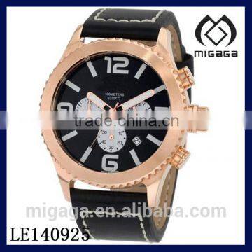 Black Dial Leather Quartz Mens Chrono Watch 24 carat rose gold plated chronograph watch