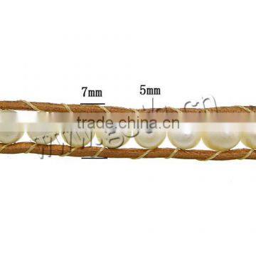 Glass Pearl Wrap Bracelet, With Cowhide, Brass Clasp photo-2