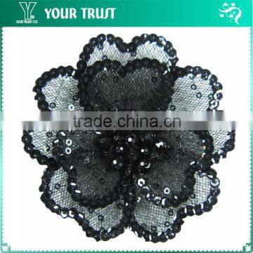 Clear Rhinestone Black Flat Sequin Black Bead Flower Applique Patches